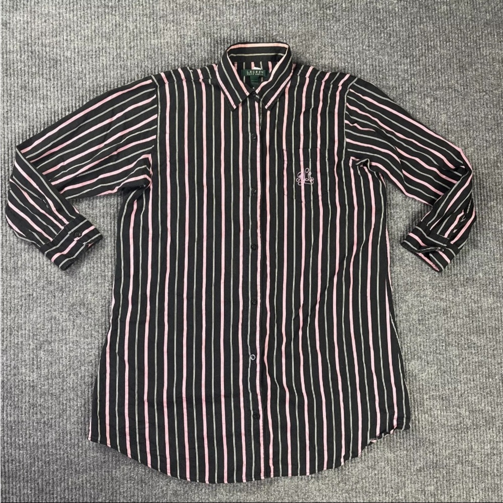 Lauren Ralph Shirt Pajama Top women Medium Black Gray Pink Pony Strips